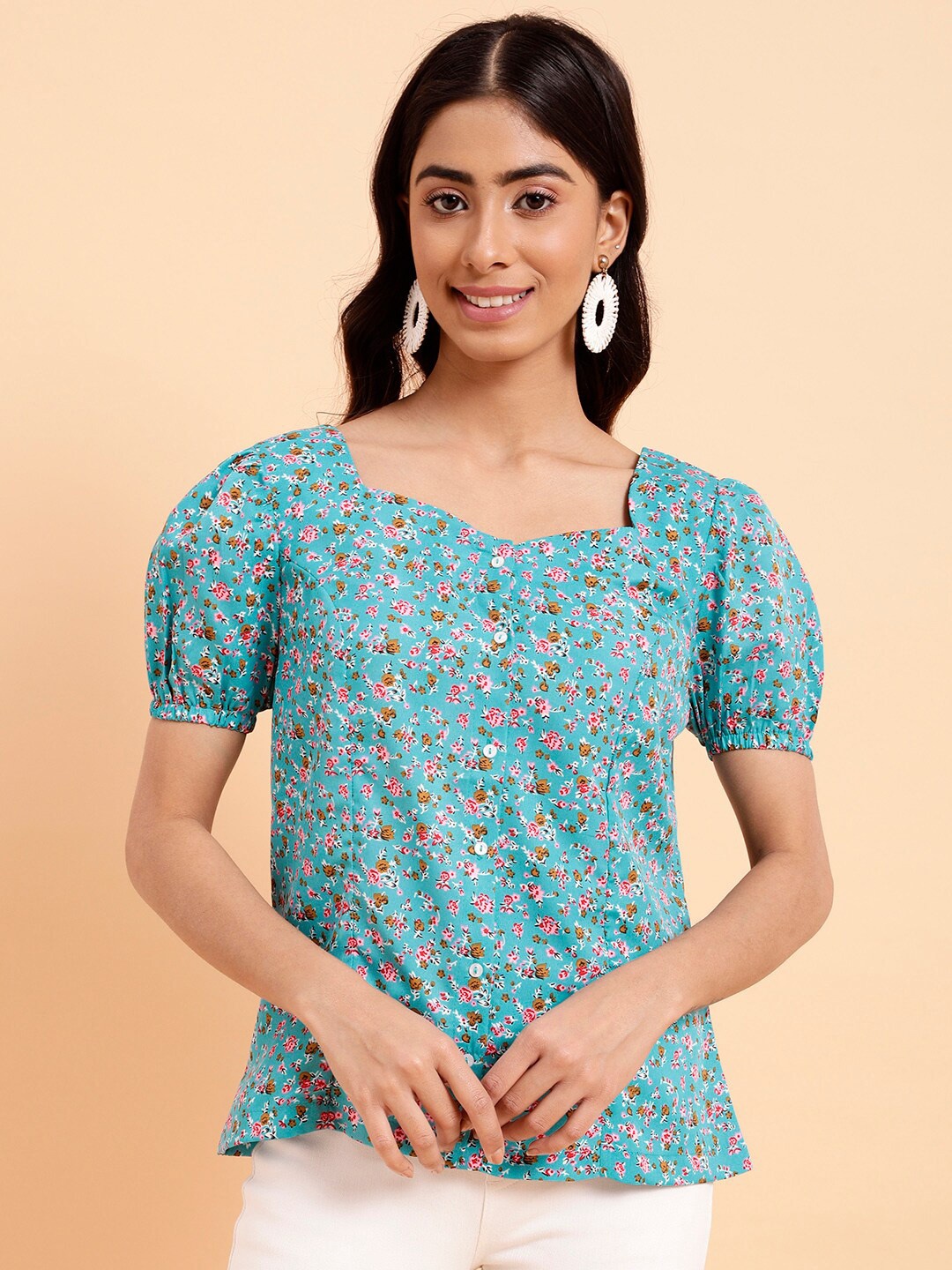 

MINT STREET Floral Printed Puff Sleeves Crepe Top, Turquoise blue