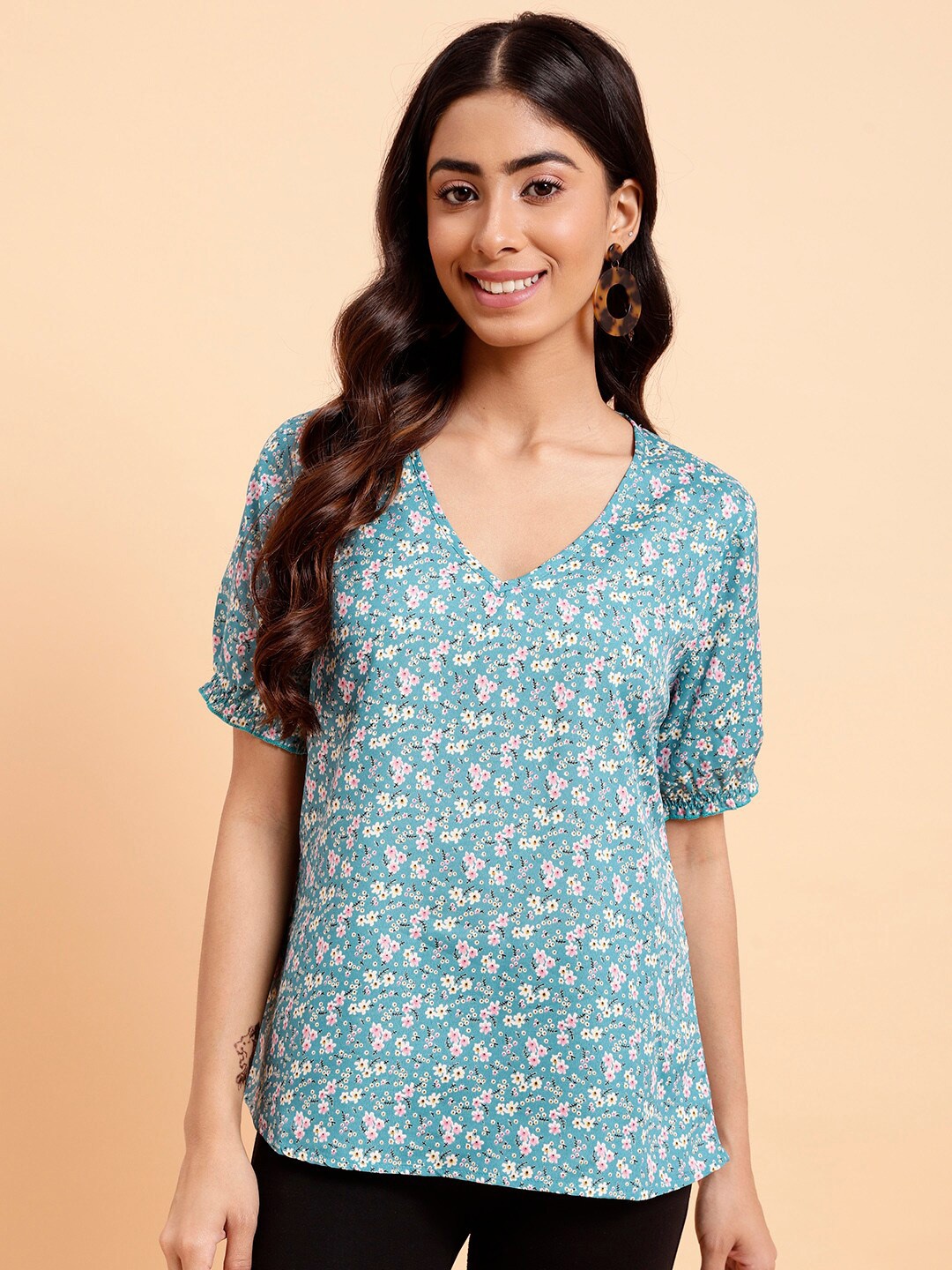 

MINT STREET Floral Printed Puff Sleeves Crepe Top, Turquoise blue