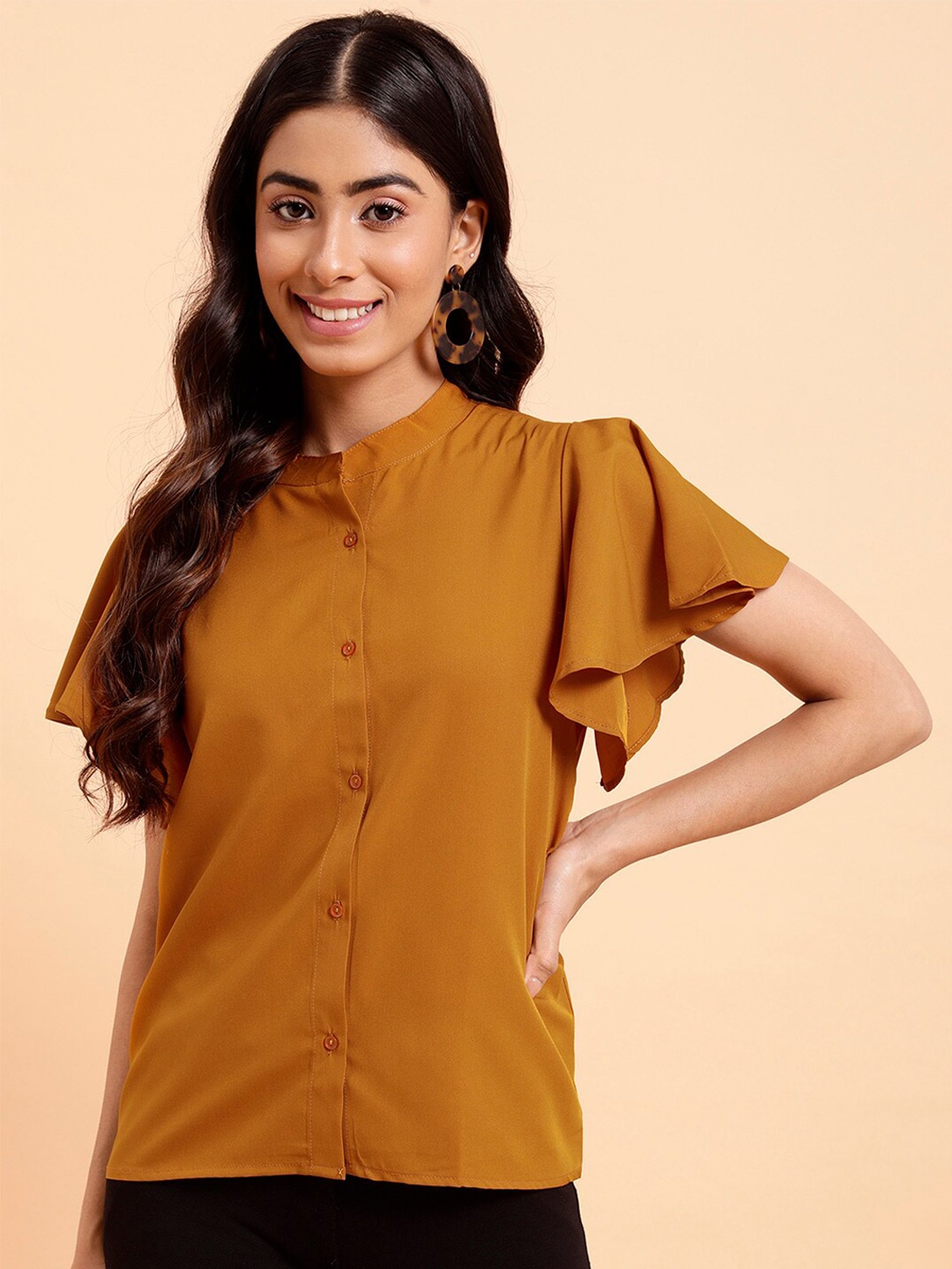 

MINT STREET Mandarin Collar Flutter Sleeves Crepe Top, Brown
