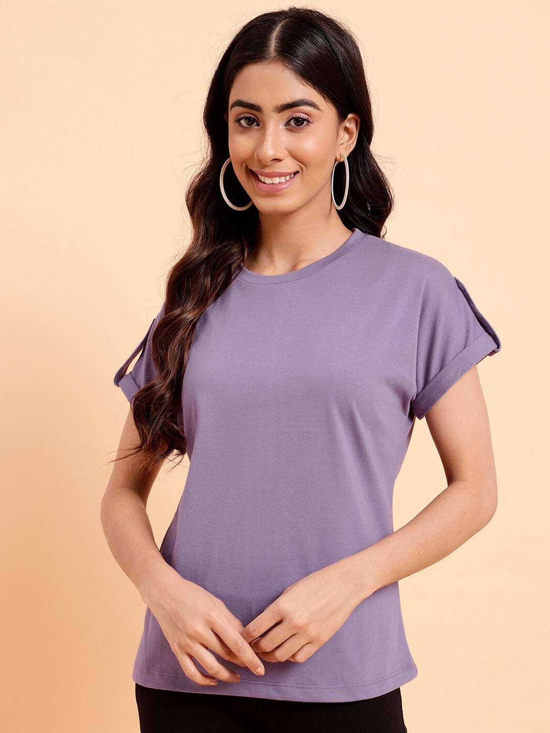 

MINT STREET Round Neck Extended Sleeves Cotton T-Shirt, Lavender