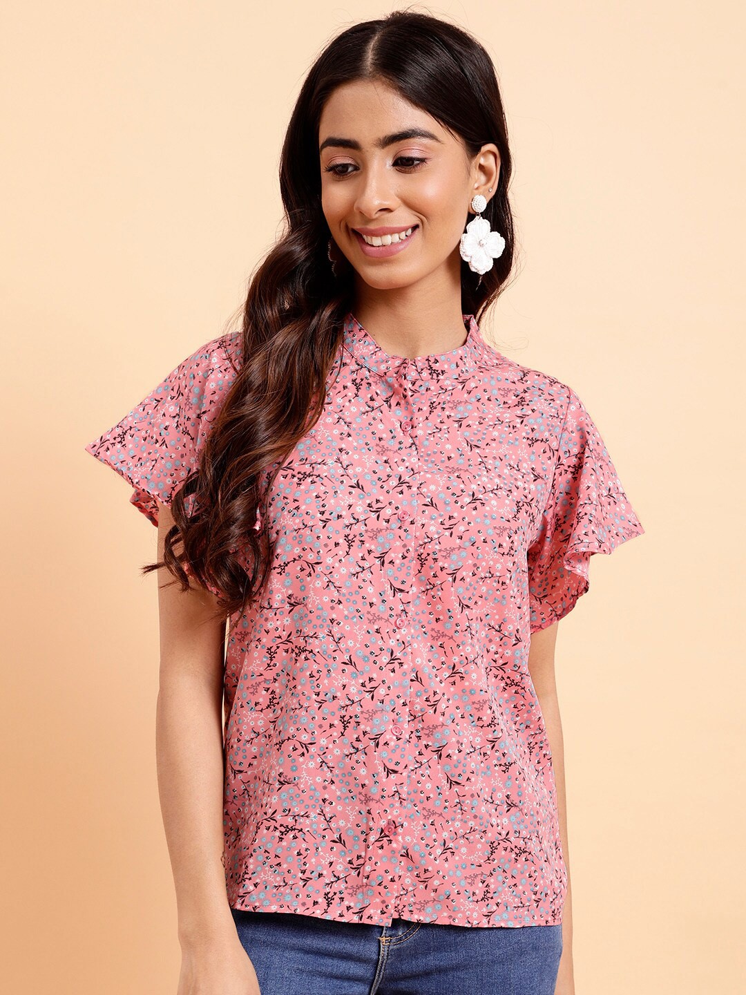 

MINT STREET Floral Printed Mandarin Collar Shirt Style Top, Pink