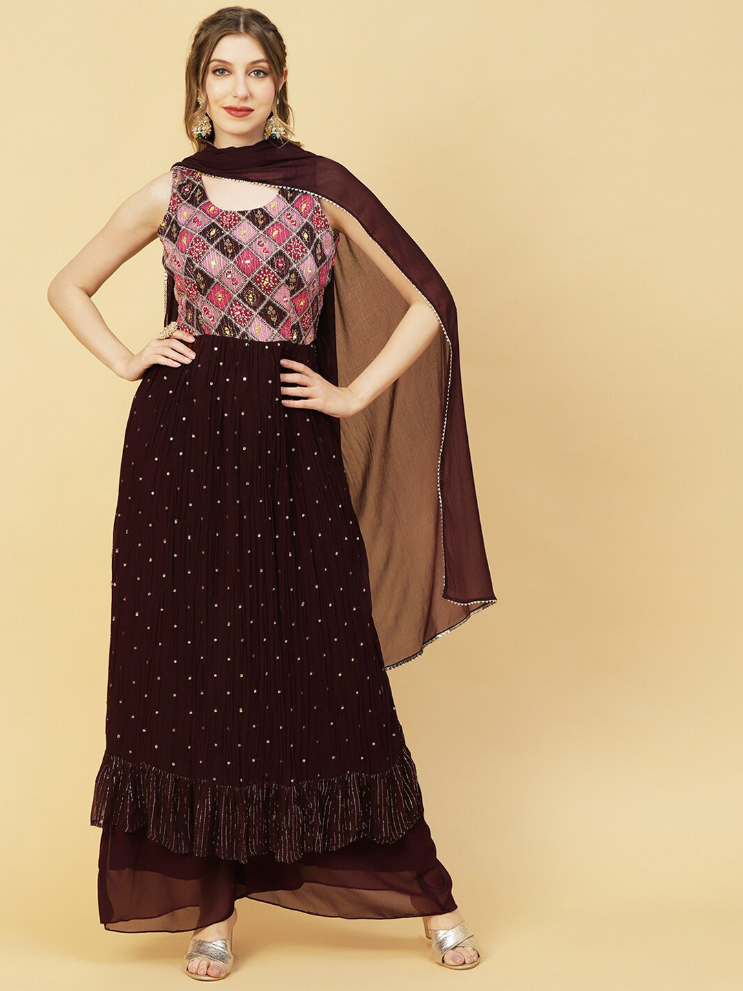

FASHOR Burgunty & Pink Embroidered High Slit Mirror Work Kurta with Palazzos & Dupatta, Burgundy