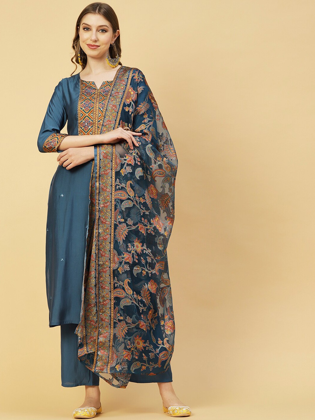 

FASHOR Teal Ethnic Motifs Embroidered Mirror Work Kurta with Trousers & Dupatta