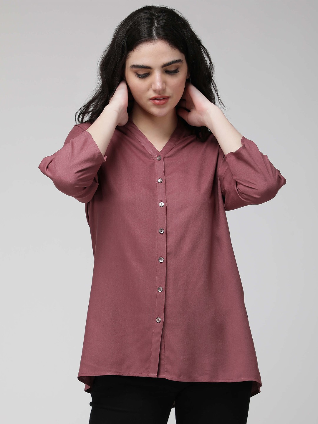 

IDK V-Neck Extended Sleeve Shirt Style Top, Mauve