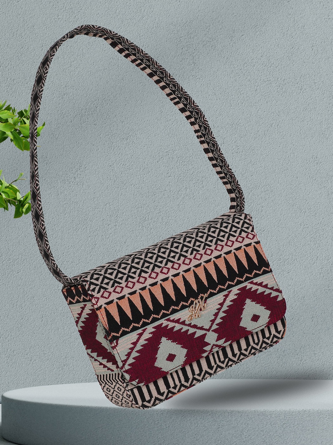 

LEKHX Ethnic Motifs Printed Structured Shoulder Bag, Grey