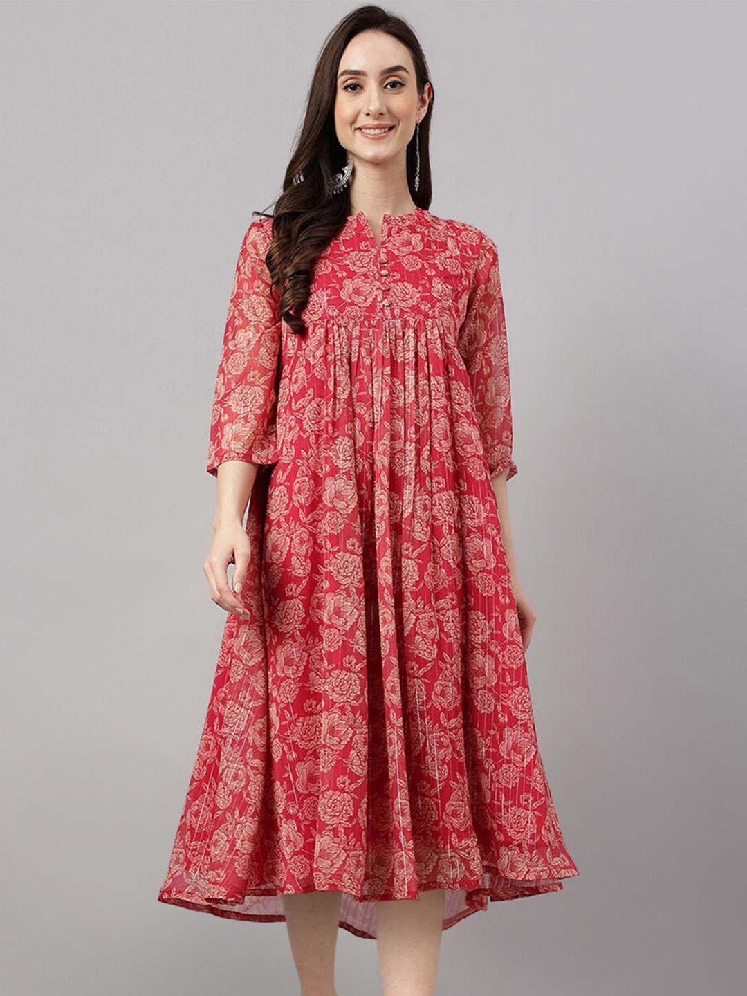 

Janasya Women's Dark Pink Chiffon Lurex Floral Printed flared Kurta, Red