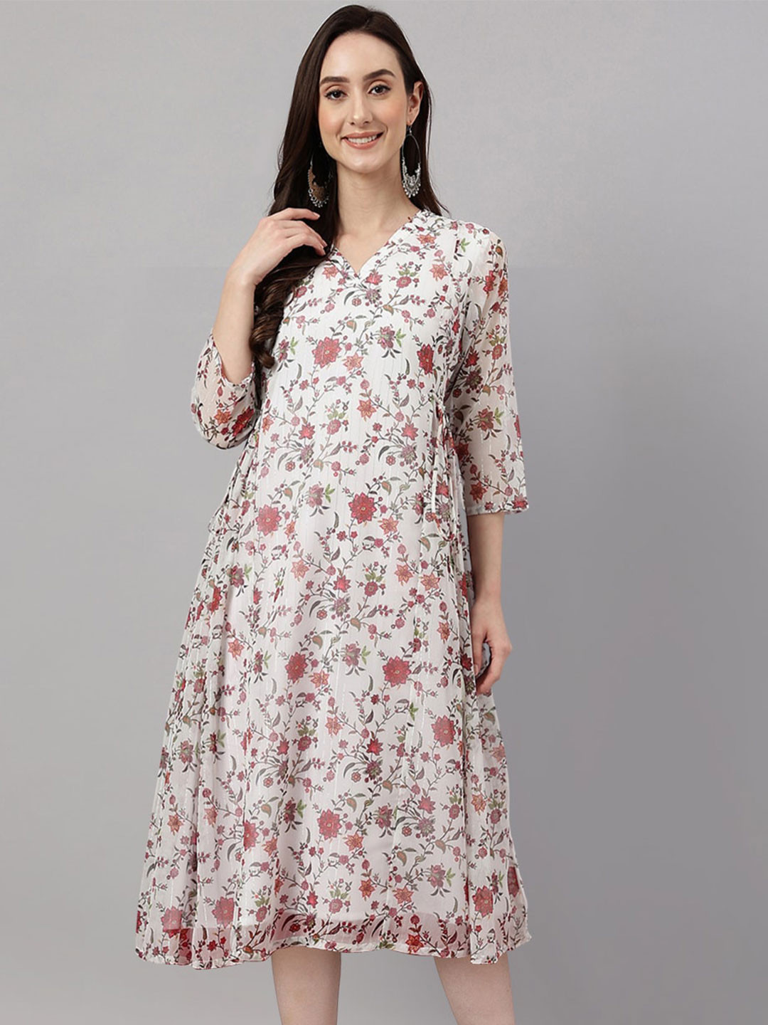 

Janasya White Floral Printed Chiffon A-Line Midi Dress