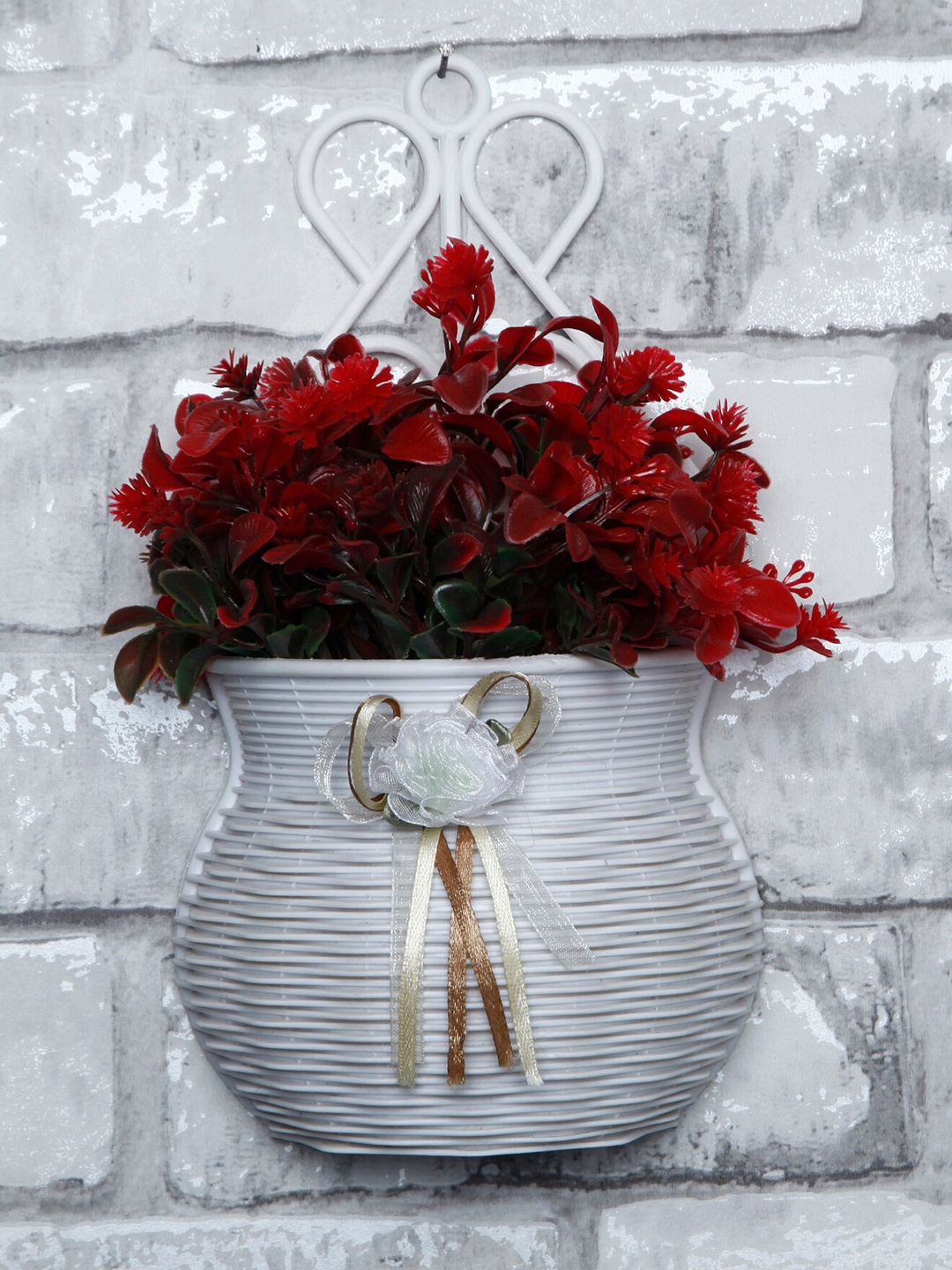 

FOLIYAJ Red & White Hanging Artificial Flowers With Pot