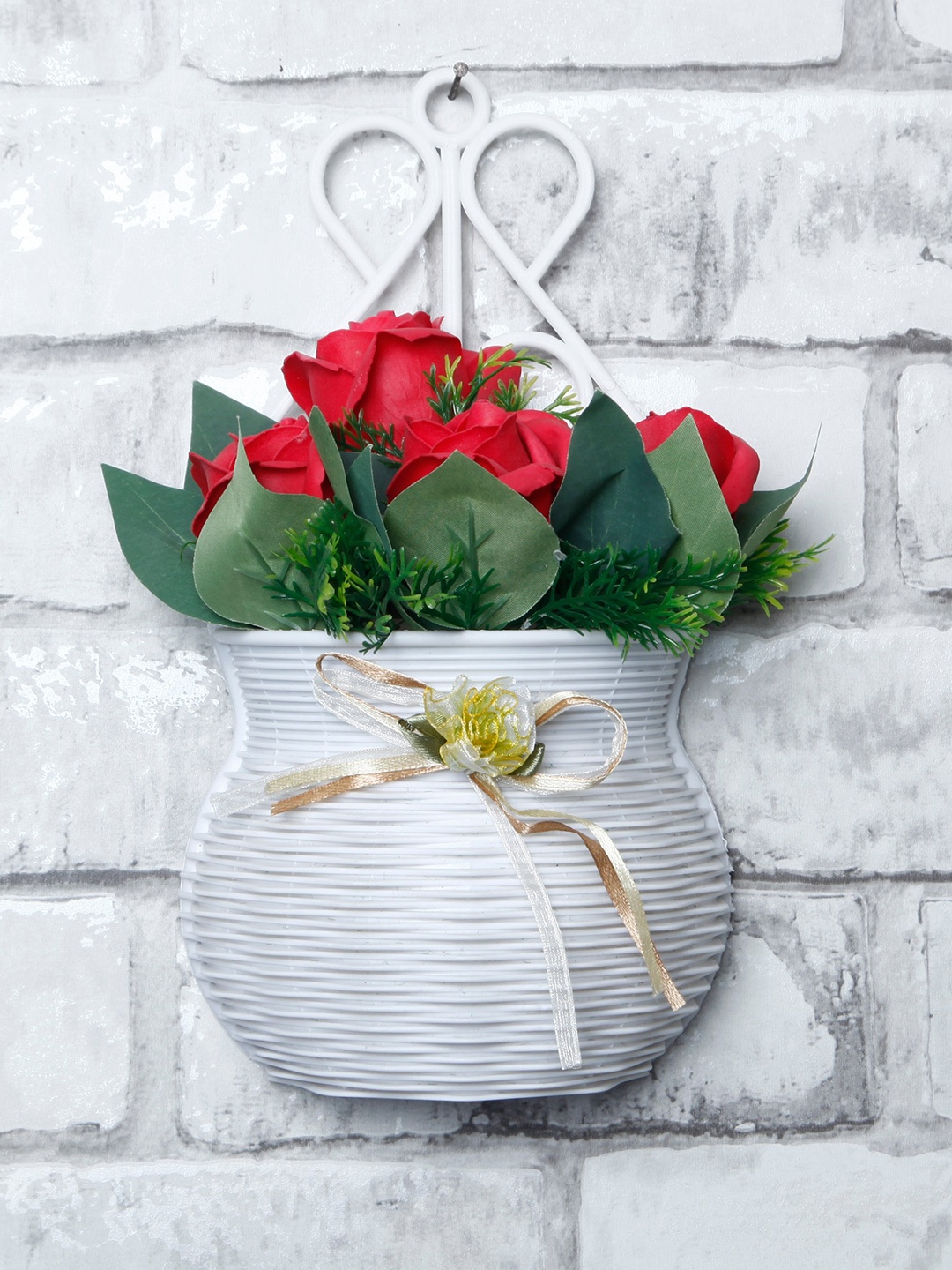 

FOLIYAJ Red & White Rose Artificial Flowers With Pot