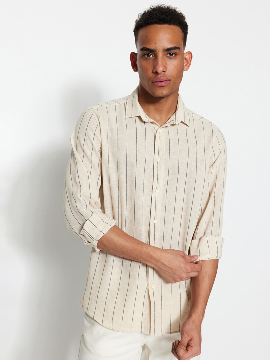 

Trendyol Contemporary Striped Pure Cotton Casual Shirt, Beige