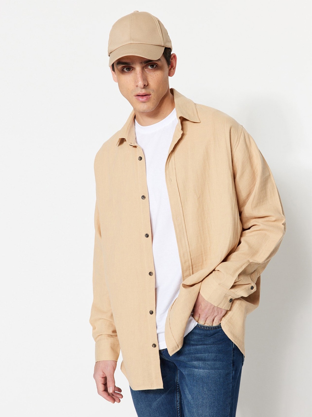 

Trendyol Spread Collar Contemporary Opaque Pure Cotton Casual Shirt, Beige