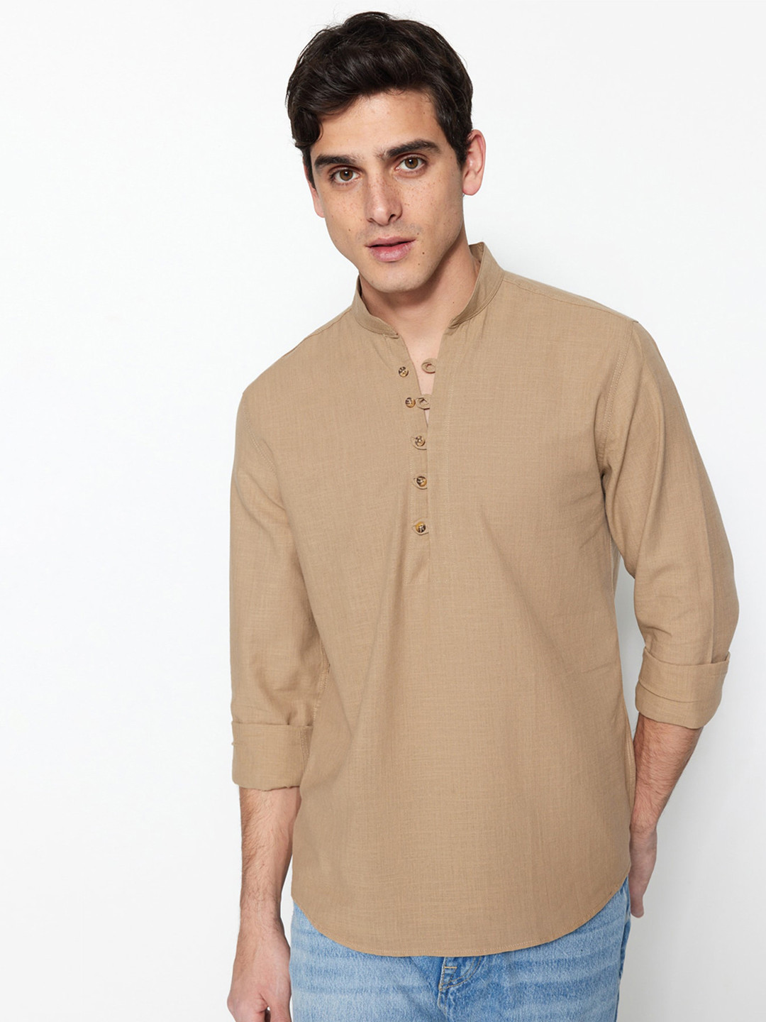 

Trendyol Mandarin Collar Contemporary Opaque Pure Cotton Casual Shirt, Beige
