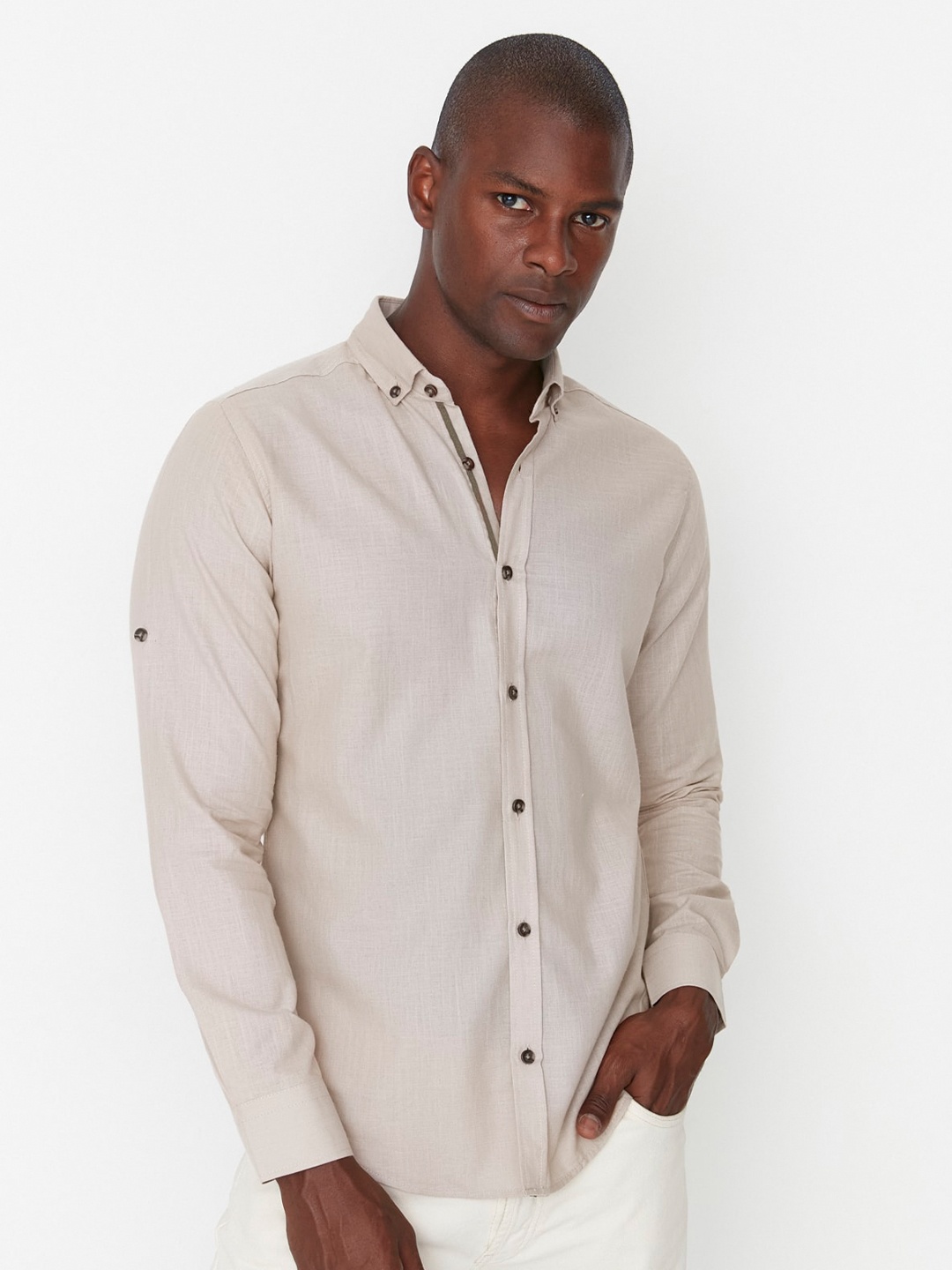 

Trendyol Button Down Collar Contemporary Opaque Pure Cotton Casual Shirt, Beige