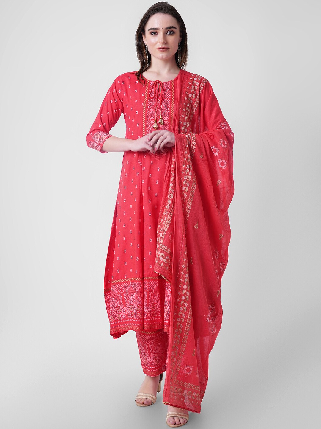 

KALINIFloral Printed A-Line Kurta with Palazzos & Dupatta, Red