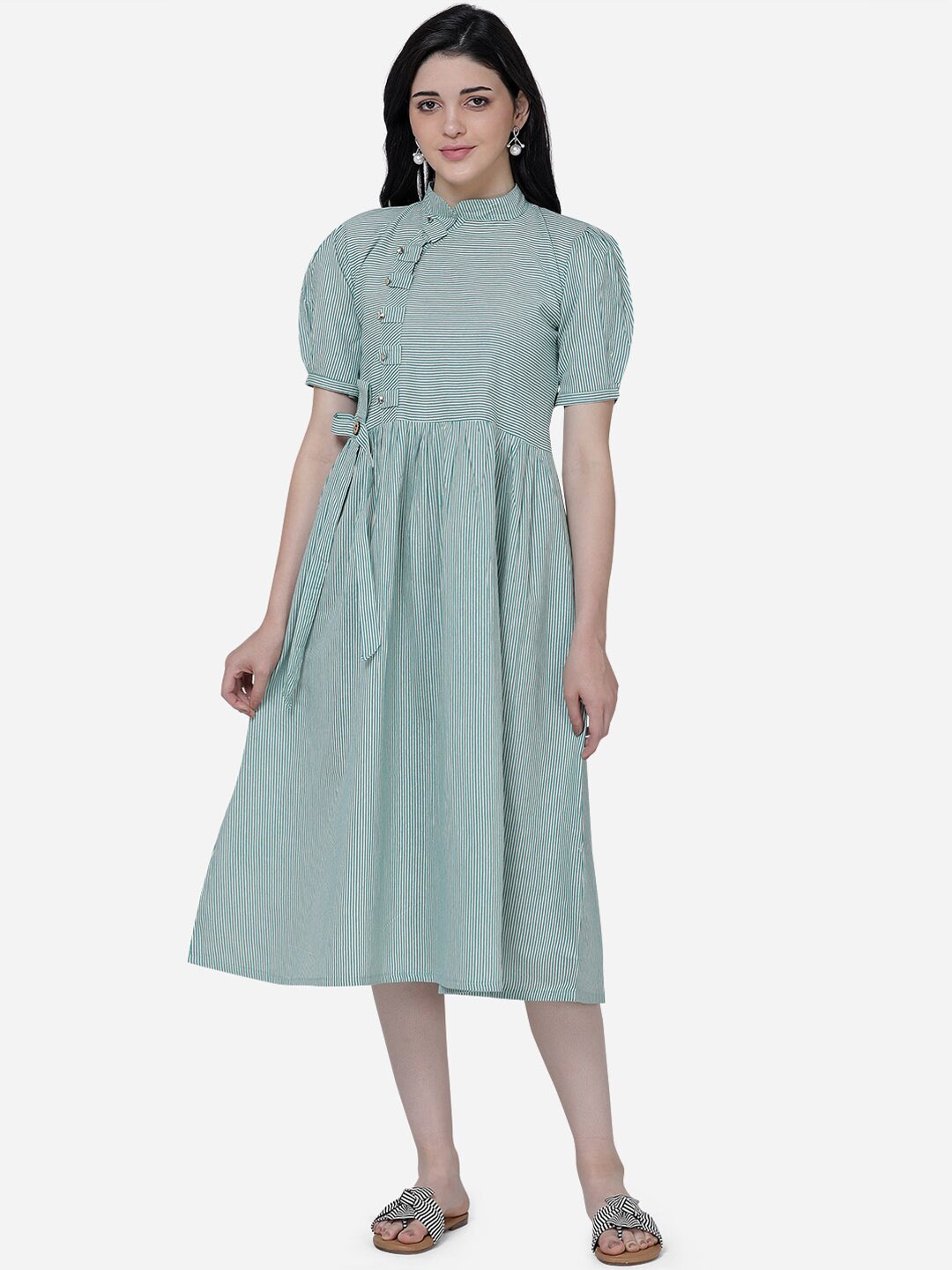 

HERE&NOW Blue & White Striped A-Line Ethnic Dress