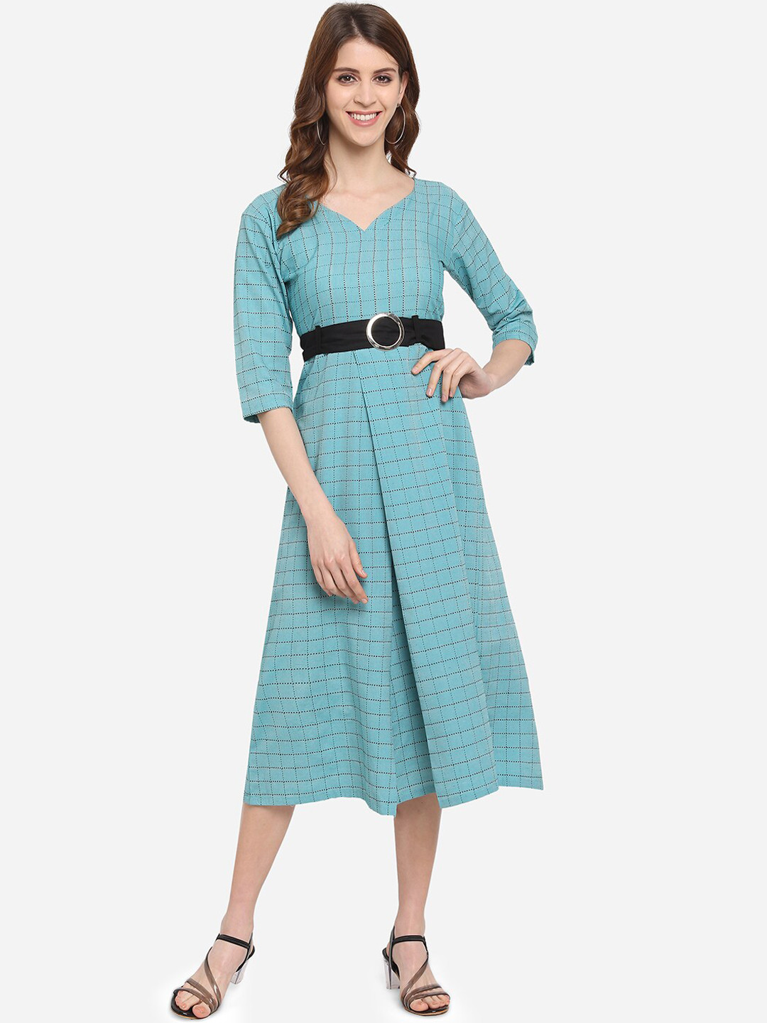 

HERE&NOW Blue & Black Checked A-Line Midi-Length Ethnic Dress With Belt