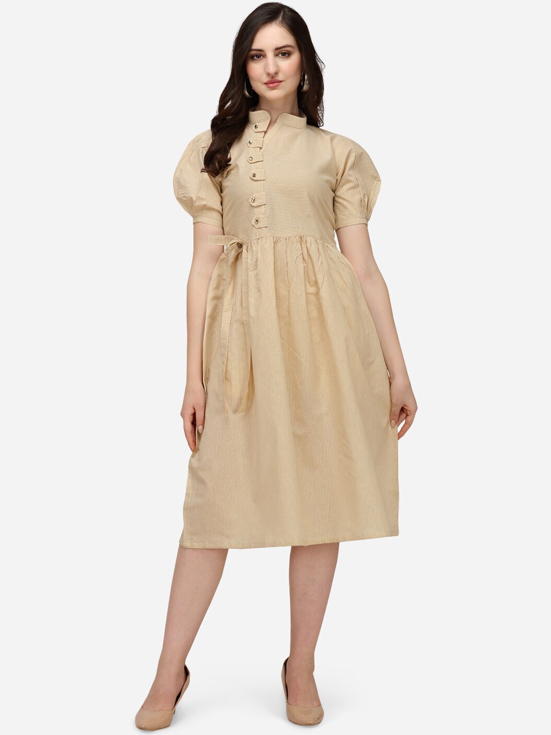

HERE&NOW Yellow & White Striped A-Line Ethnic Dress