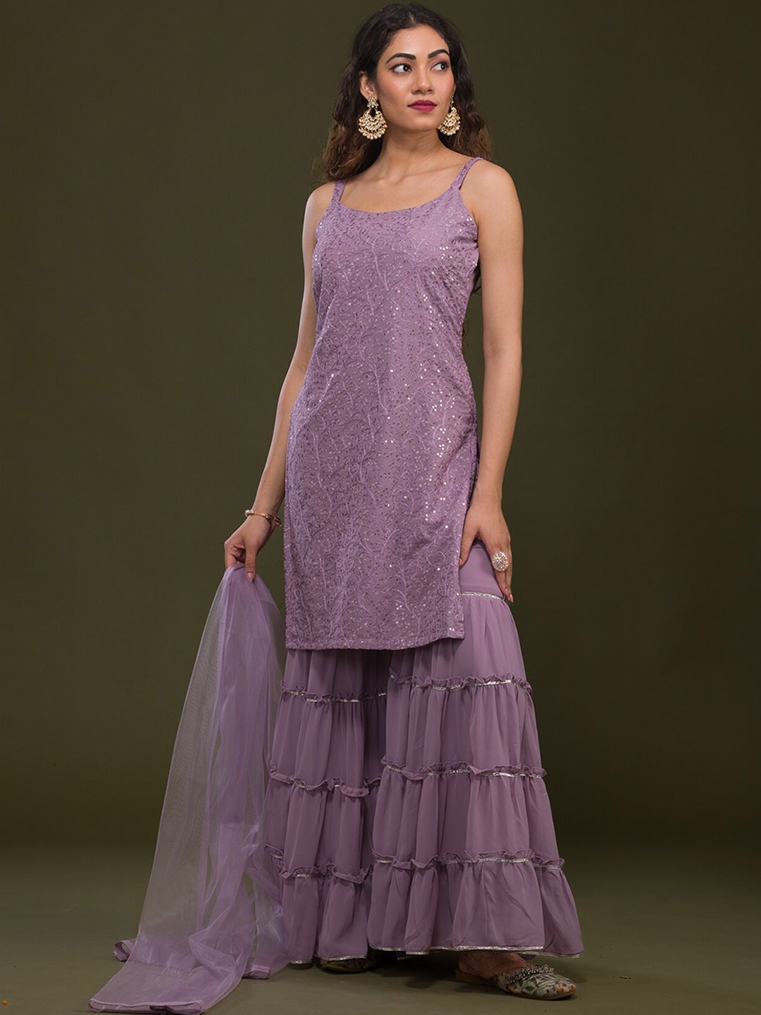 

Koskii Floral Embroidered Georgette Kurta With Sharara & Dupatta, Mauve