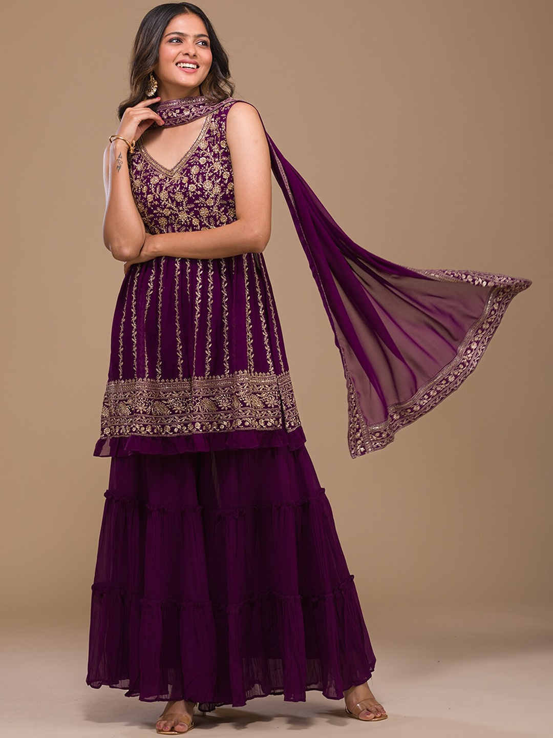 

Koskii Floral Embroidered Empire Kurti With Sharara & Dupatta, Purple