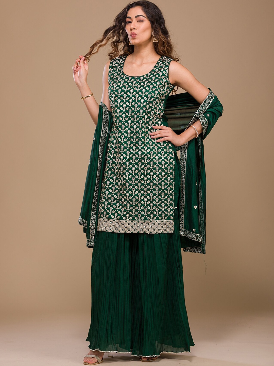 

Koskii Ethnic Motifs Embroidered Kurta With Sharara & Dupatta, Green