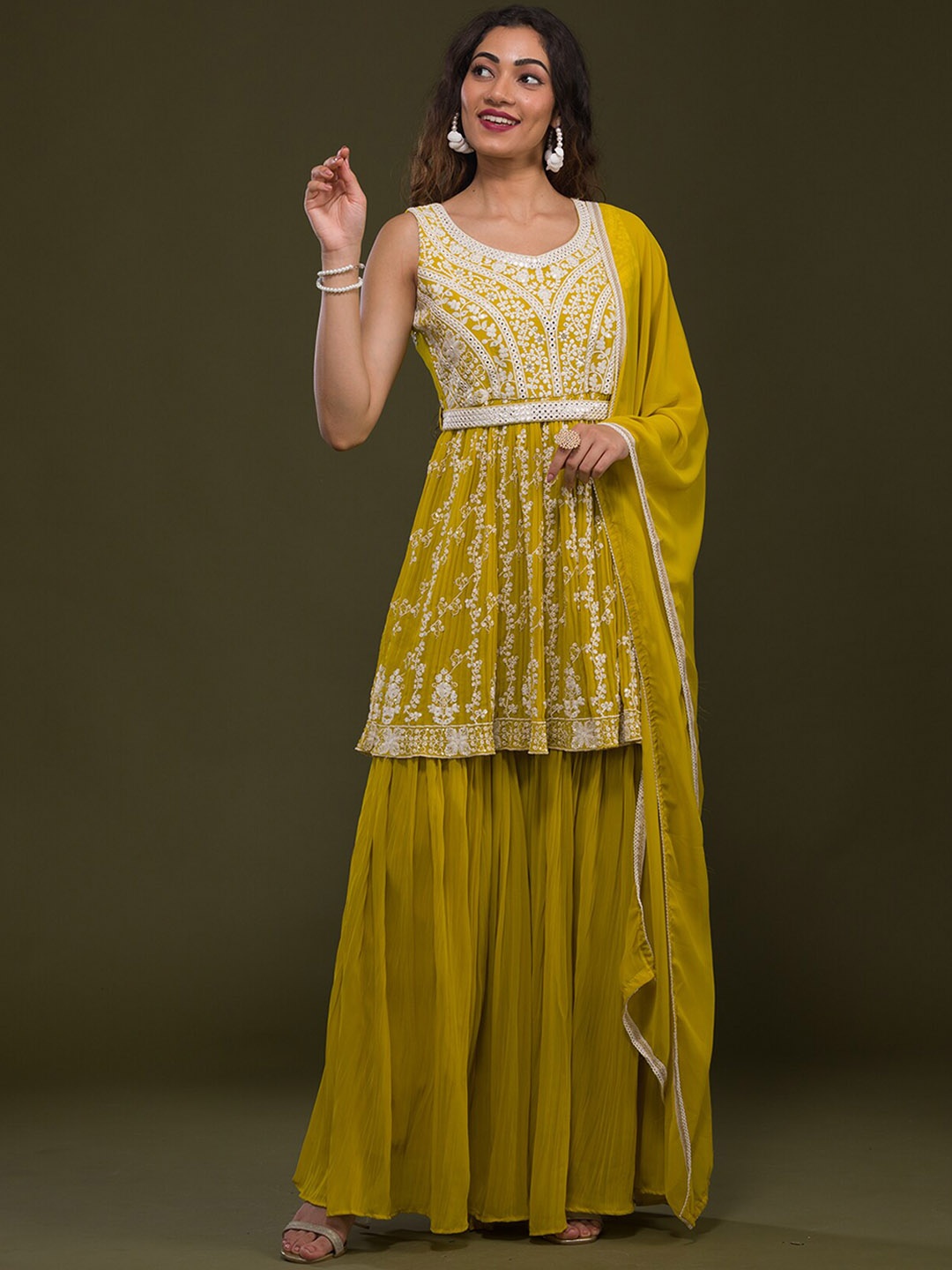 

Koskii Floral Embroidered Empire Kurti With Sharara & Dupatta, Yellow