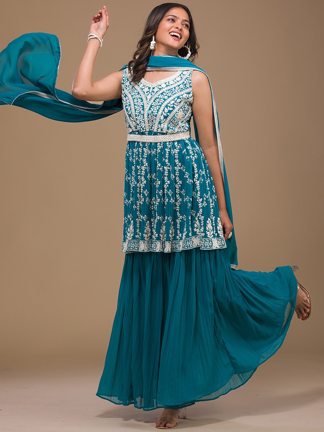 

Koskii Floral Embroidered Empire Kurti With Sharara & With Dupatta, Turquoise blue