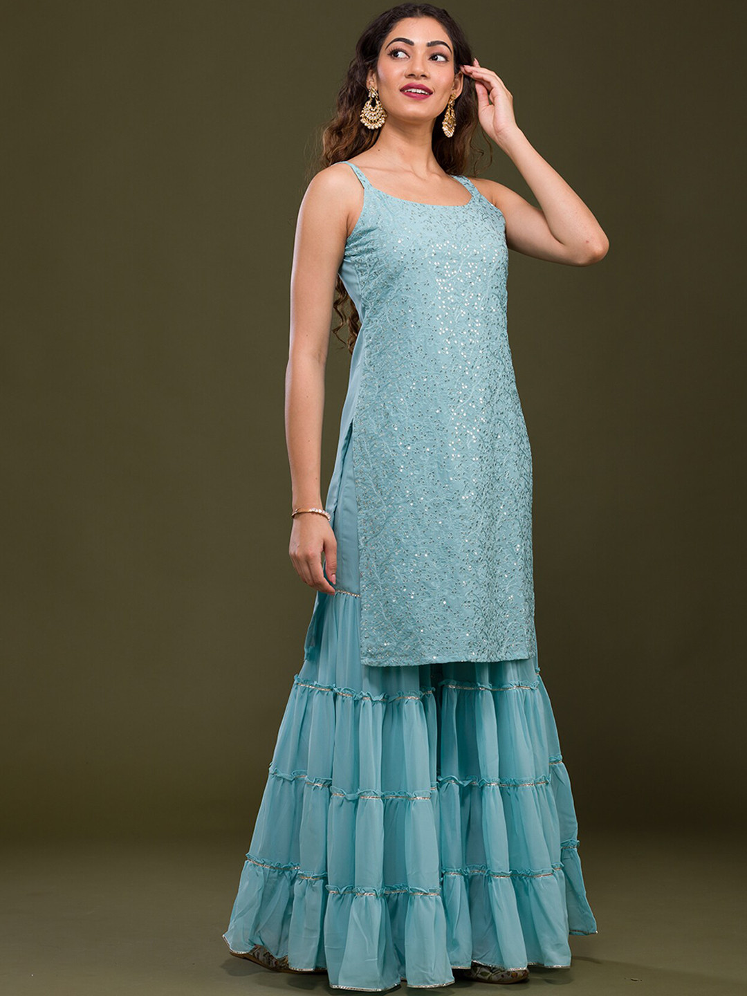 

Koskii Floral Embroidered Kurta With Sharara & Dupatta, Blue