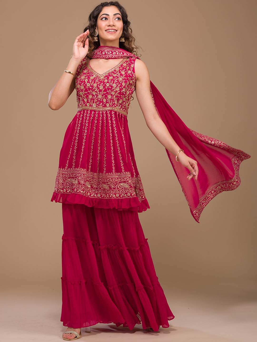 

Koskii Floral Zardosi Embroidered Empire Kurti With Sharara & Dupatta, Pink