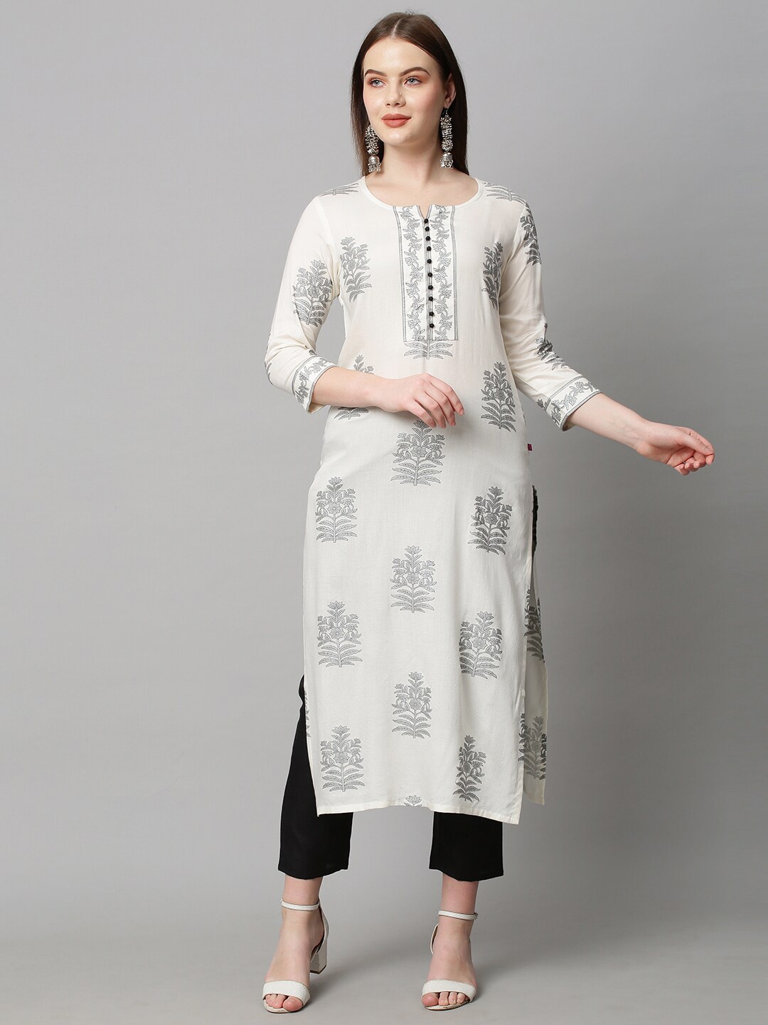

KALINI Notched Neck Floral Printed Straight Kurta with Trousers, White