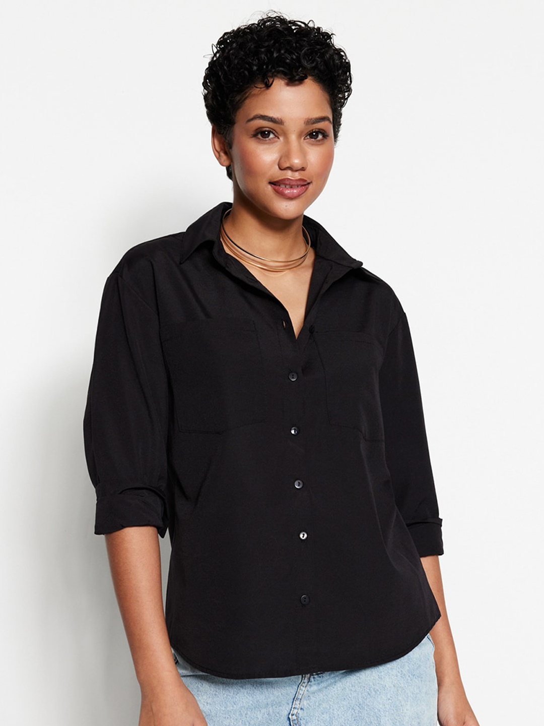 

Trendyol Spread Collar Contemporary Opaque Casual Shirt, Black