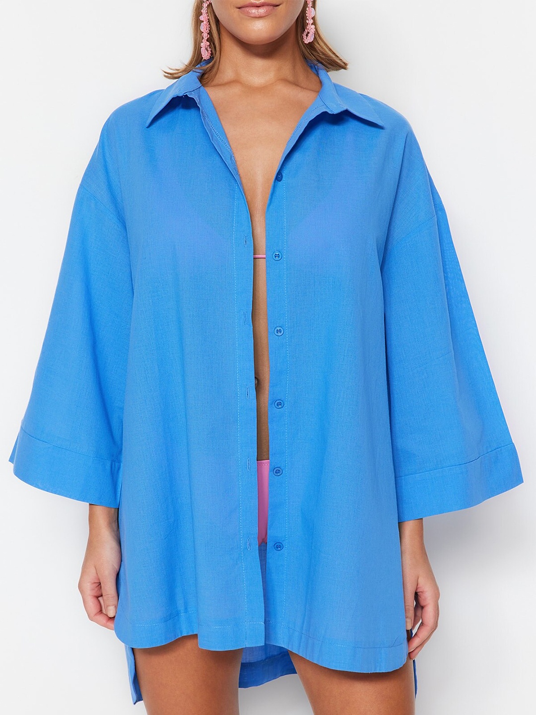 

Trendyol Spread Collar Pure Cotton Midi Swimwear Cover Up Top, Blue