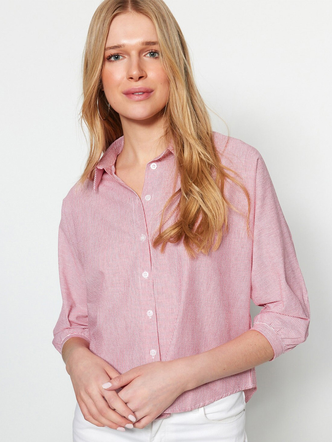 

Trendyol Contemporary Fit Striped Pure Cotton Casual Shirt, Pink