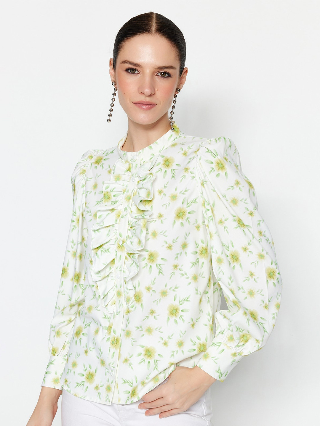 

Trendyol Women Floral Printed Ruffled Contemporary Casual Shirt, White