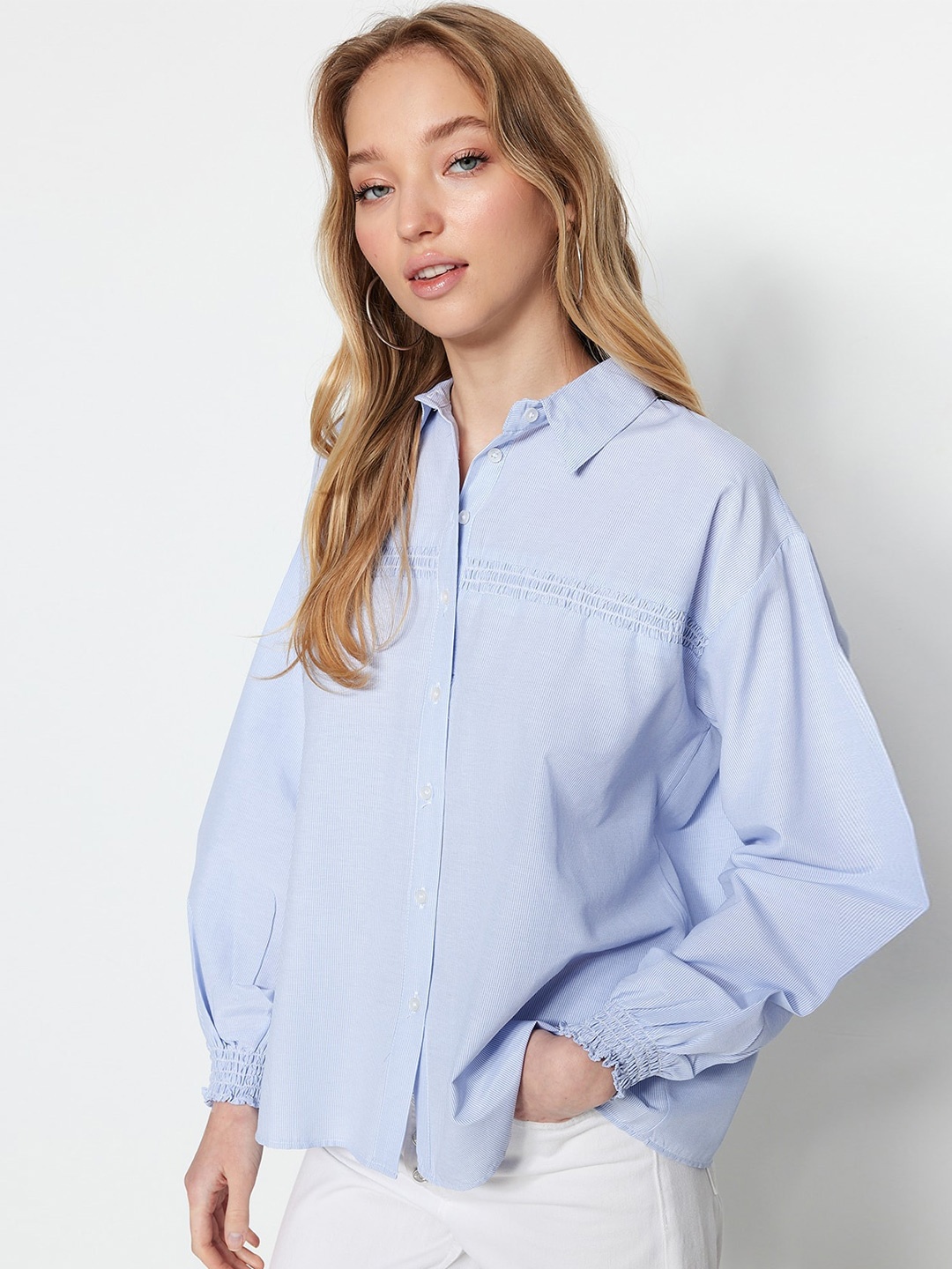 

Trendyol Spread Collar Contemporary Smocked Opaque Casual Shirt, Blue