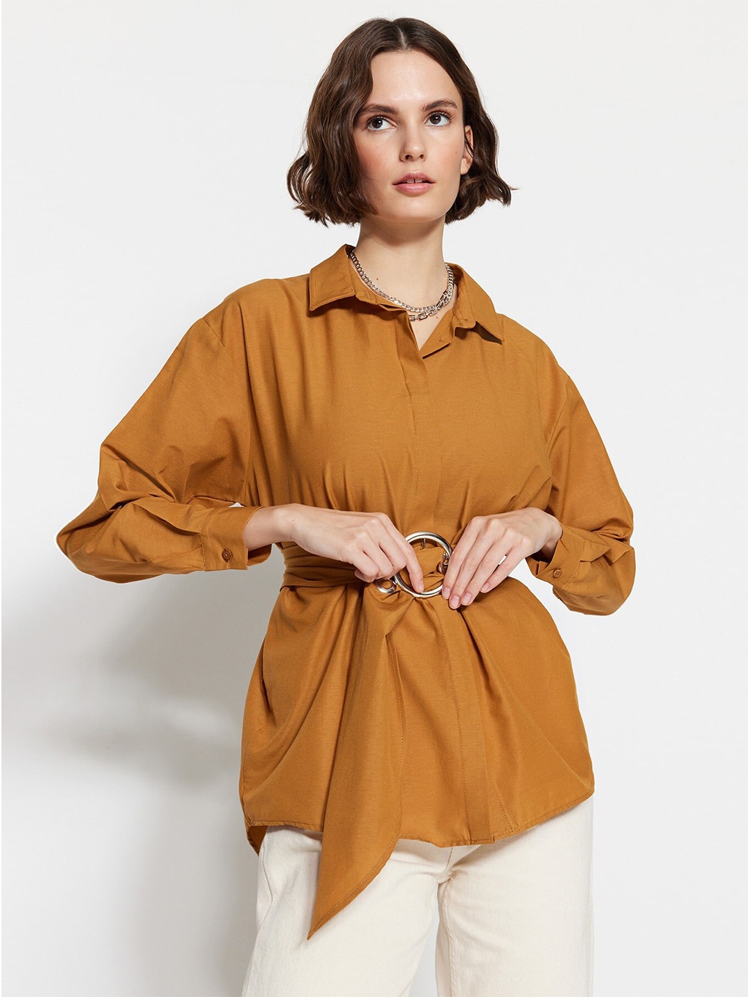

Trendyol Shirt Collar Belted Longline Shirt Style Top, Tan