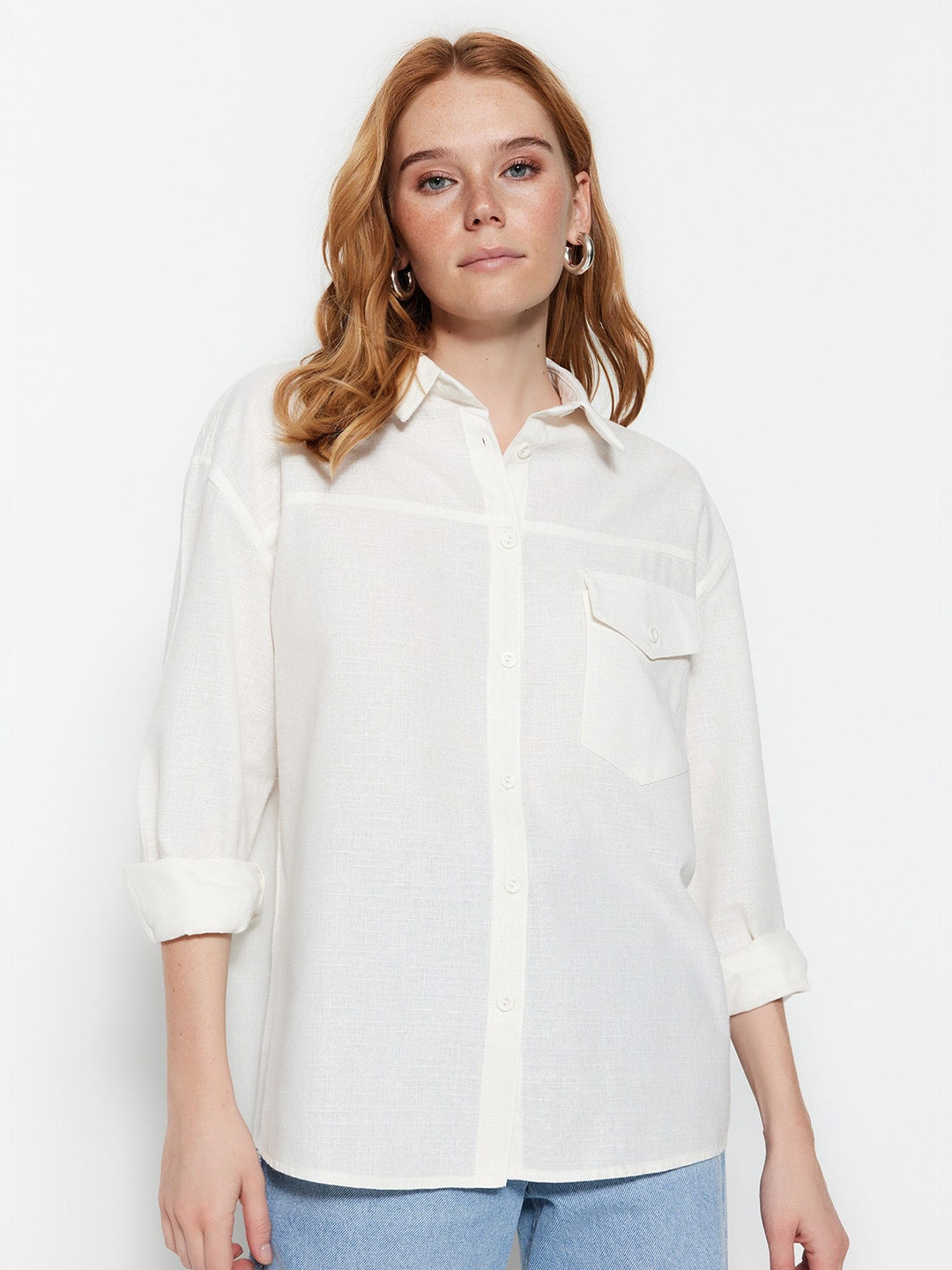 

Trendyol Spread Collar Contemporary Opaque Casual Shirt, Off white