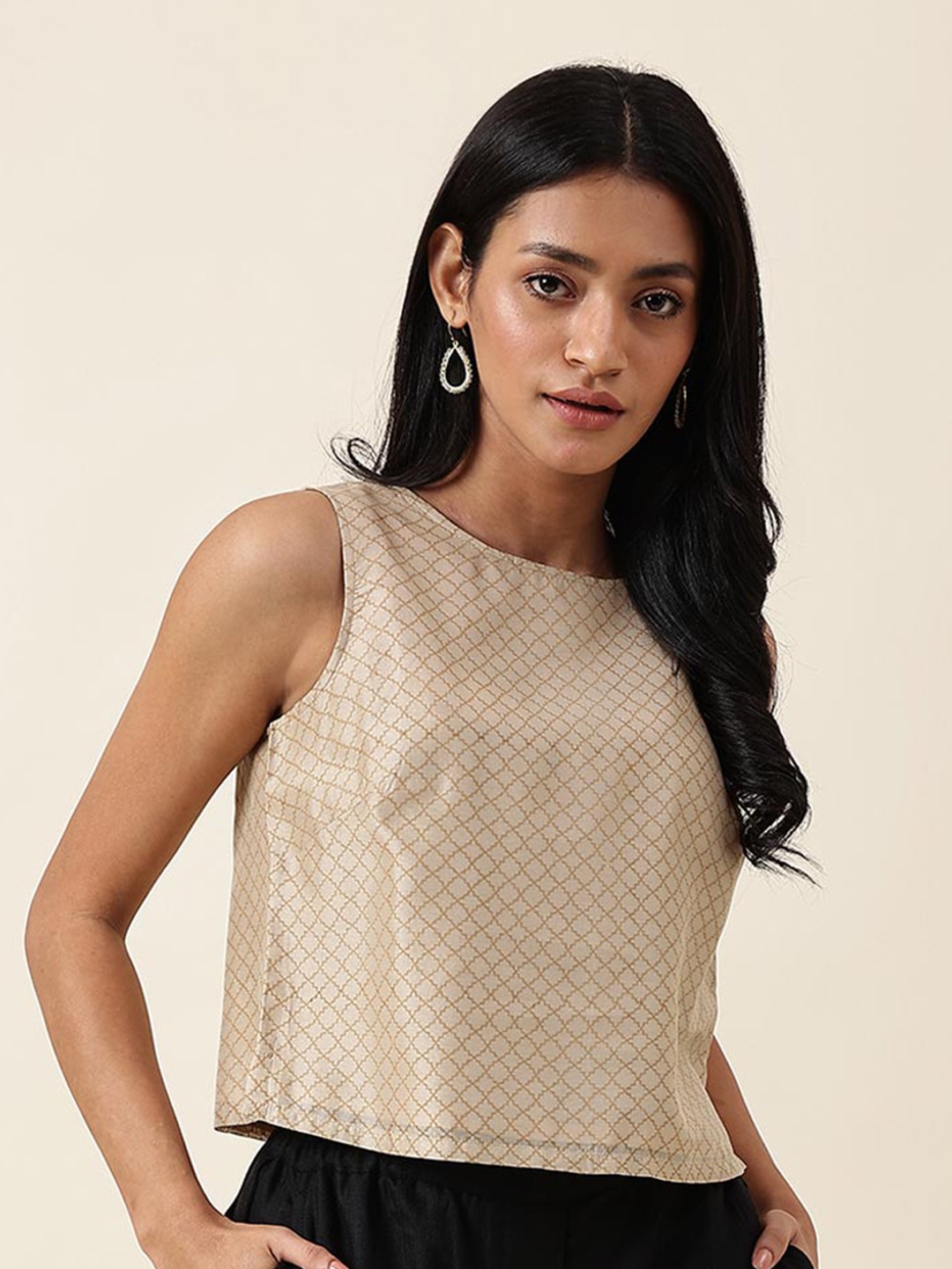 

Fabindia Ethnic Motif Printed Sleeveless Cotton Silk Top, Beige