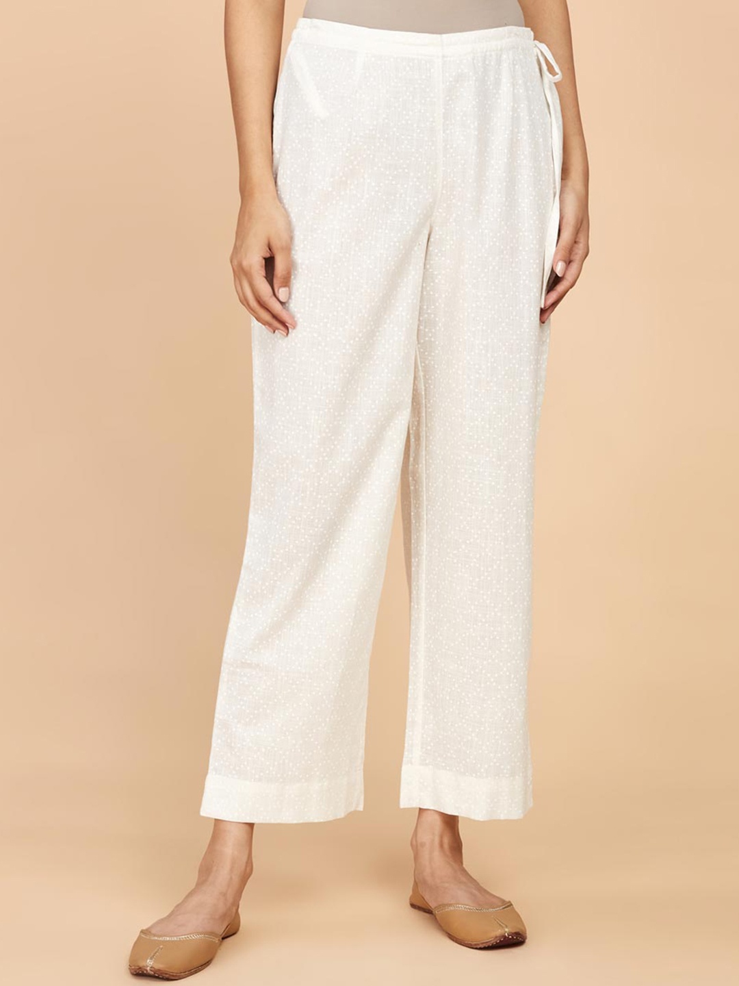 

Fabindia Women Polka Dot Printed Mid Rise Plain Knitted Cropped Cotton Trousers, White