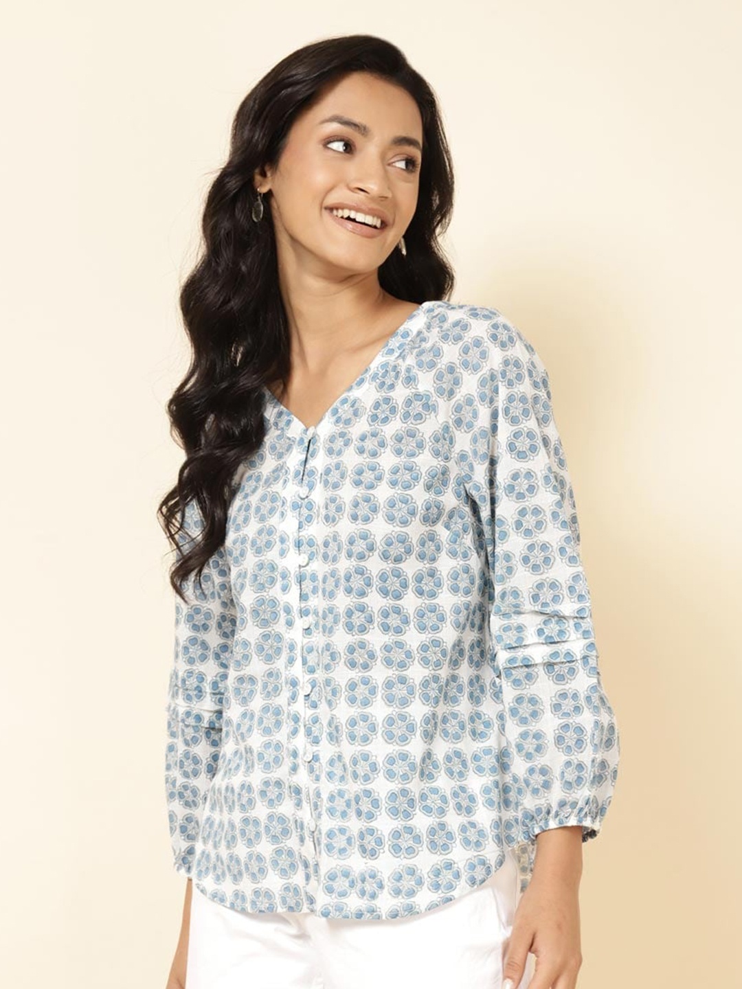 

Fabindia Floral Printed V-Neck Cotton Shirt Style Top, White
