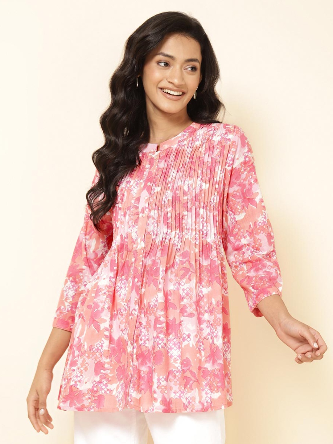 

Fabindia Floral Printed Gathered or Pleated Cotton Tunic, Pink