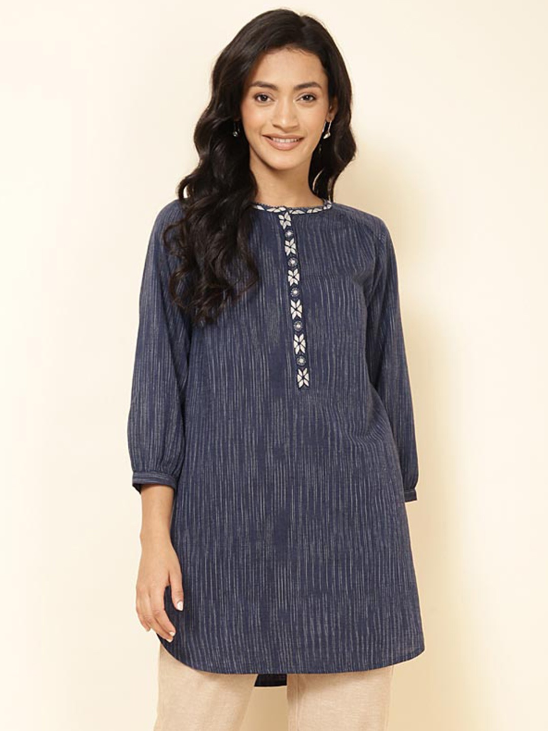 

Fabindia Band Collar Embroidered Cotton Tunic, Blue