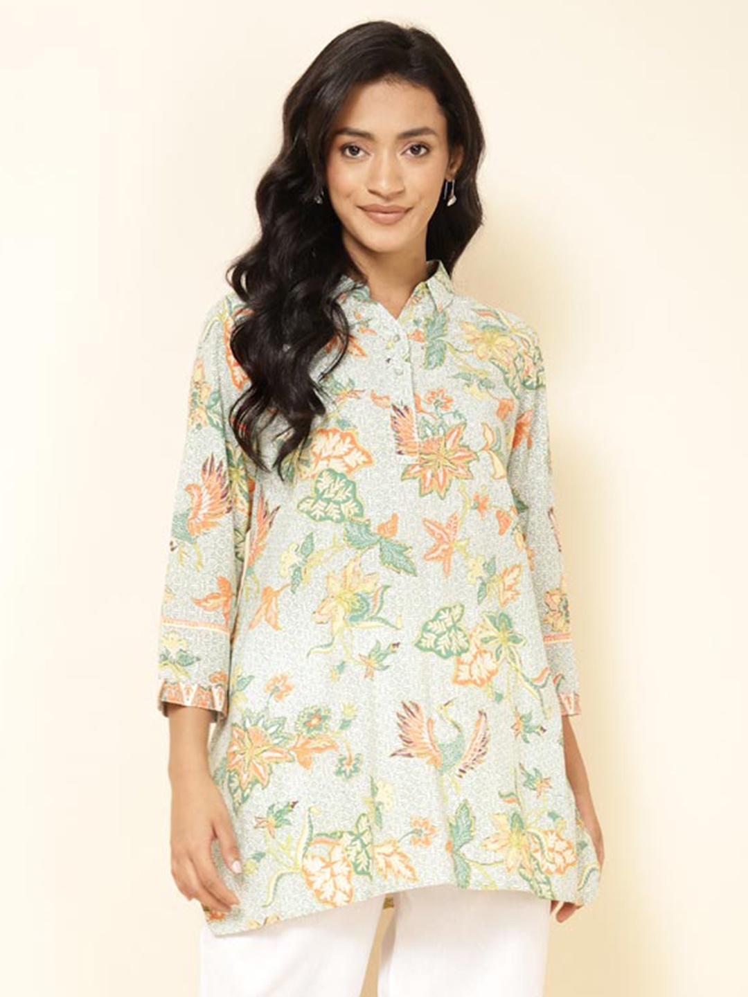 

Fabindia Shirt Collar Printed Cotton Ethnic Tunic, Green