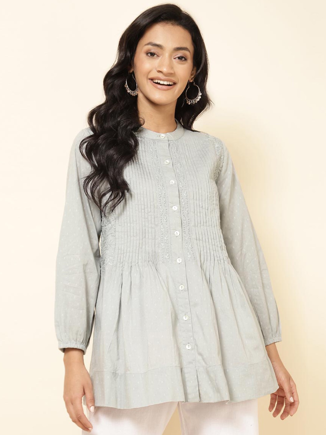 

Fabindia Mandarin Collar Embroidered Cotton Tunic, Grey