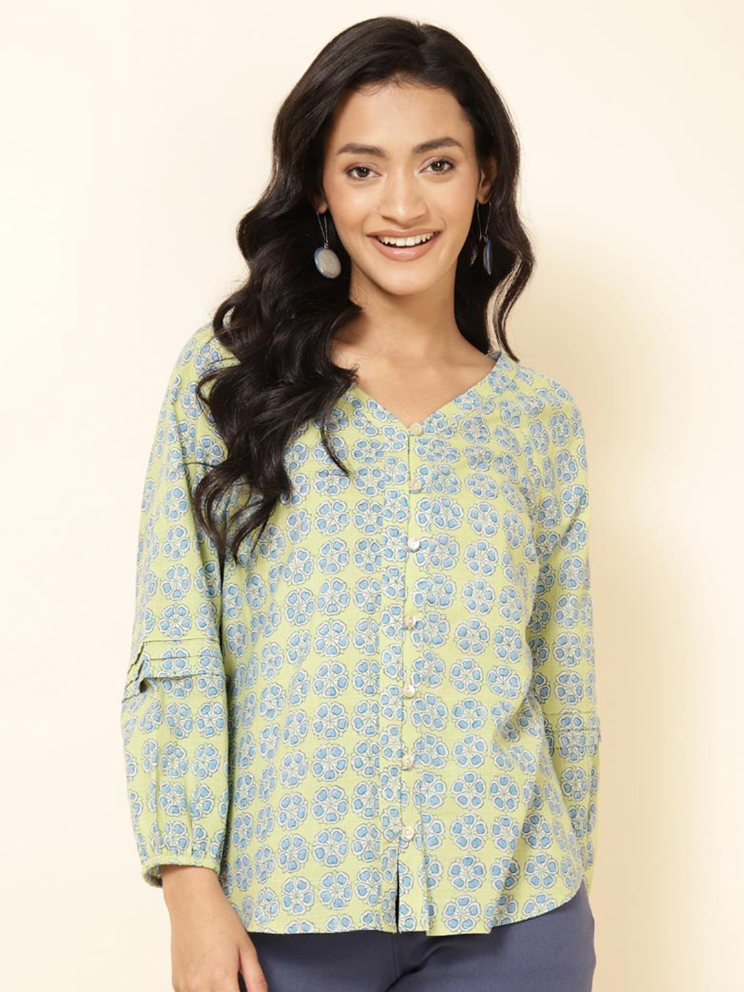 

Fabindia Floral Printed V-Neck Cotton Shirt Style Top, Green