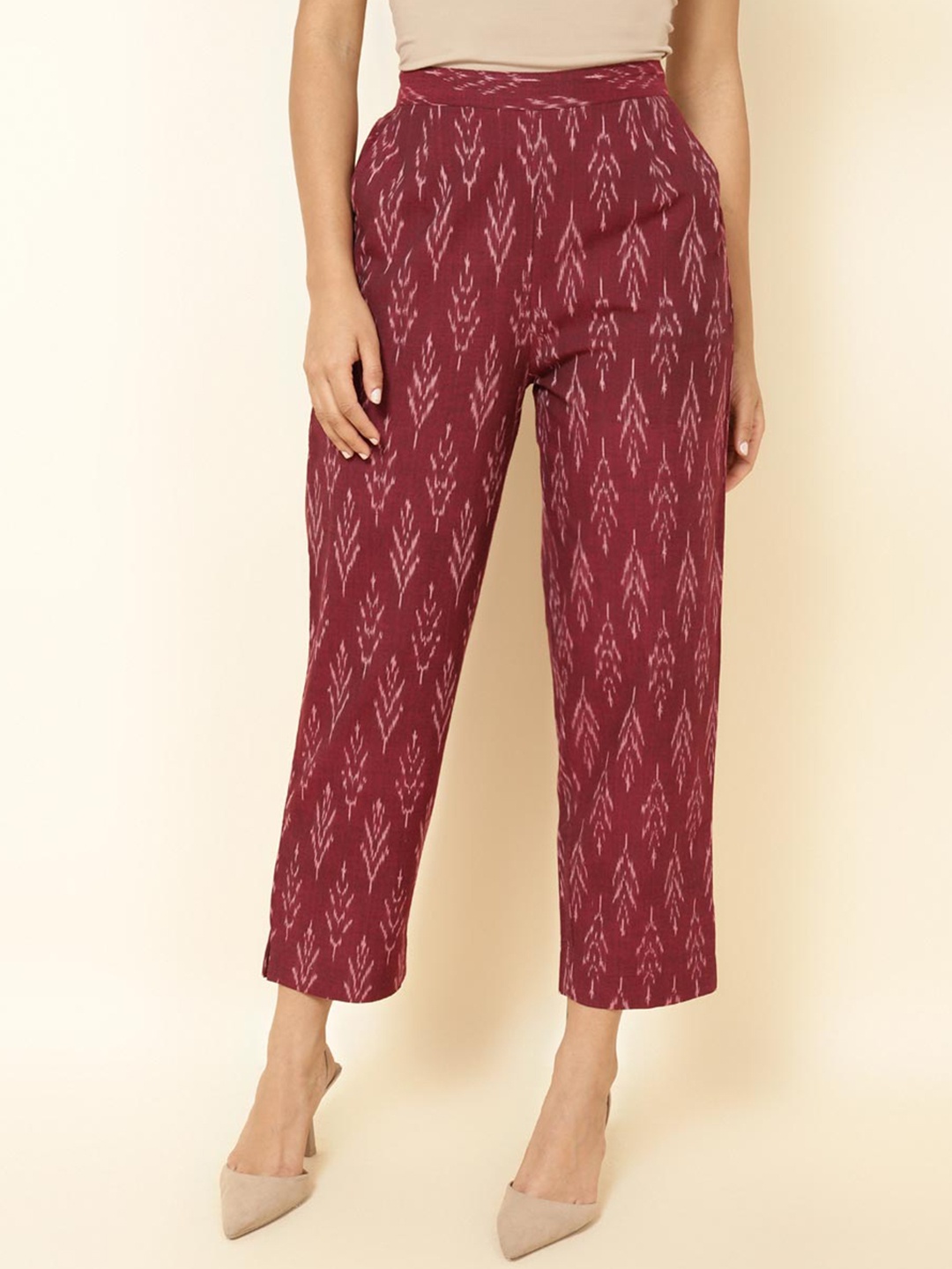 

Fabindia Women Ethnic Printed Mid Rise Plain Knitted Cropped Cotton Trousers, Maroon