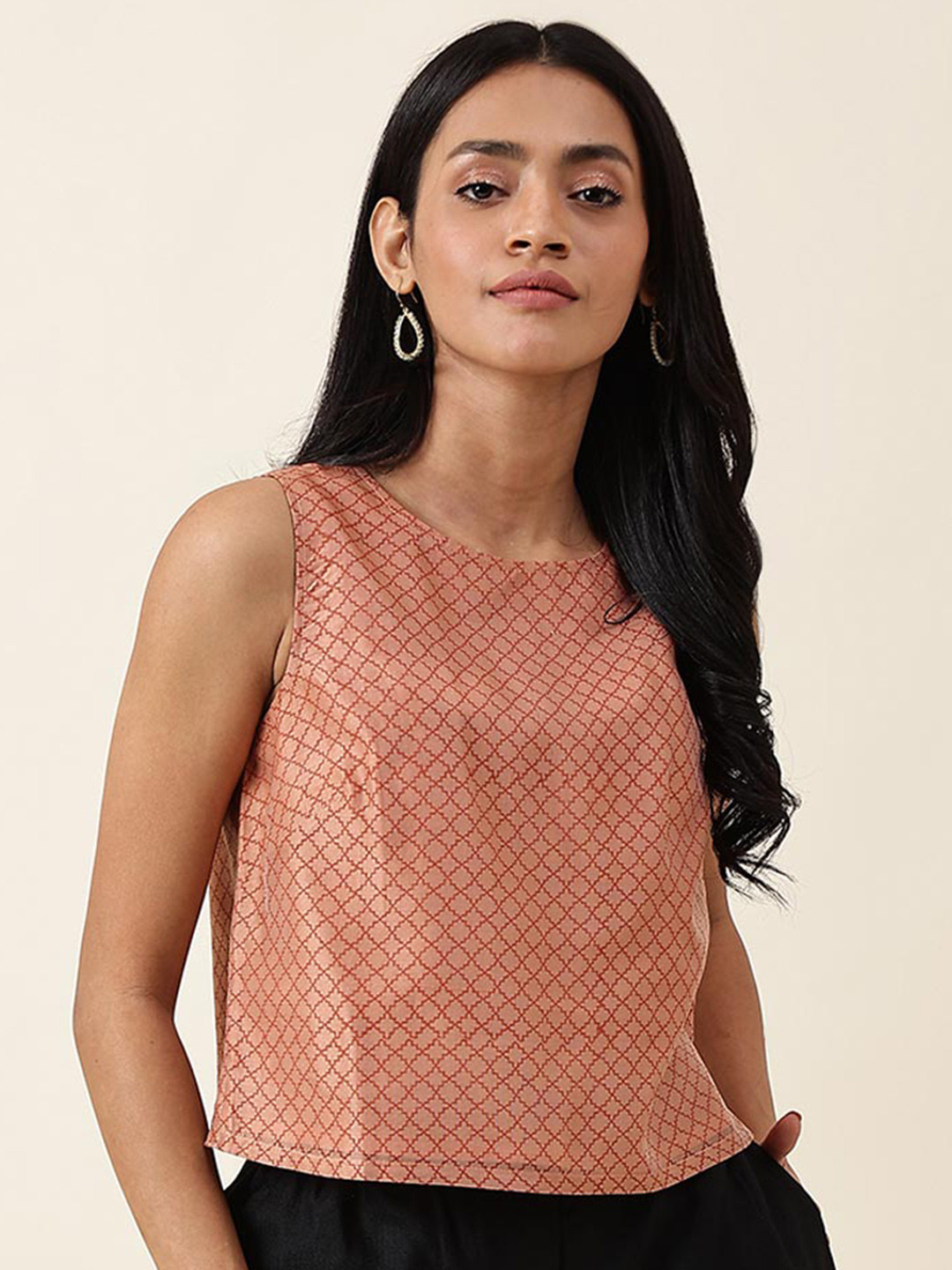 

Fabindia Ethnic Motif Printed Sleeveless Cotton Silk Top, Rust