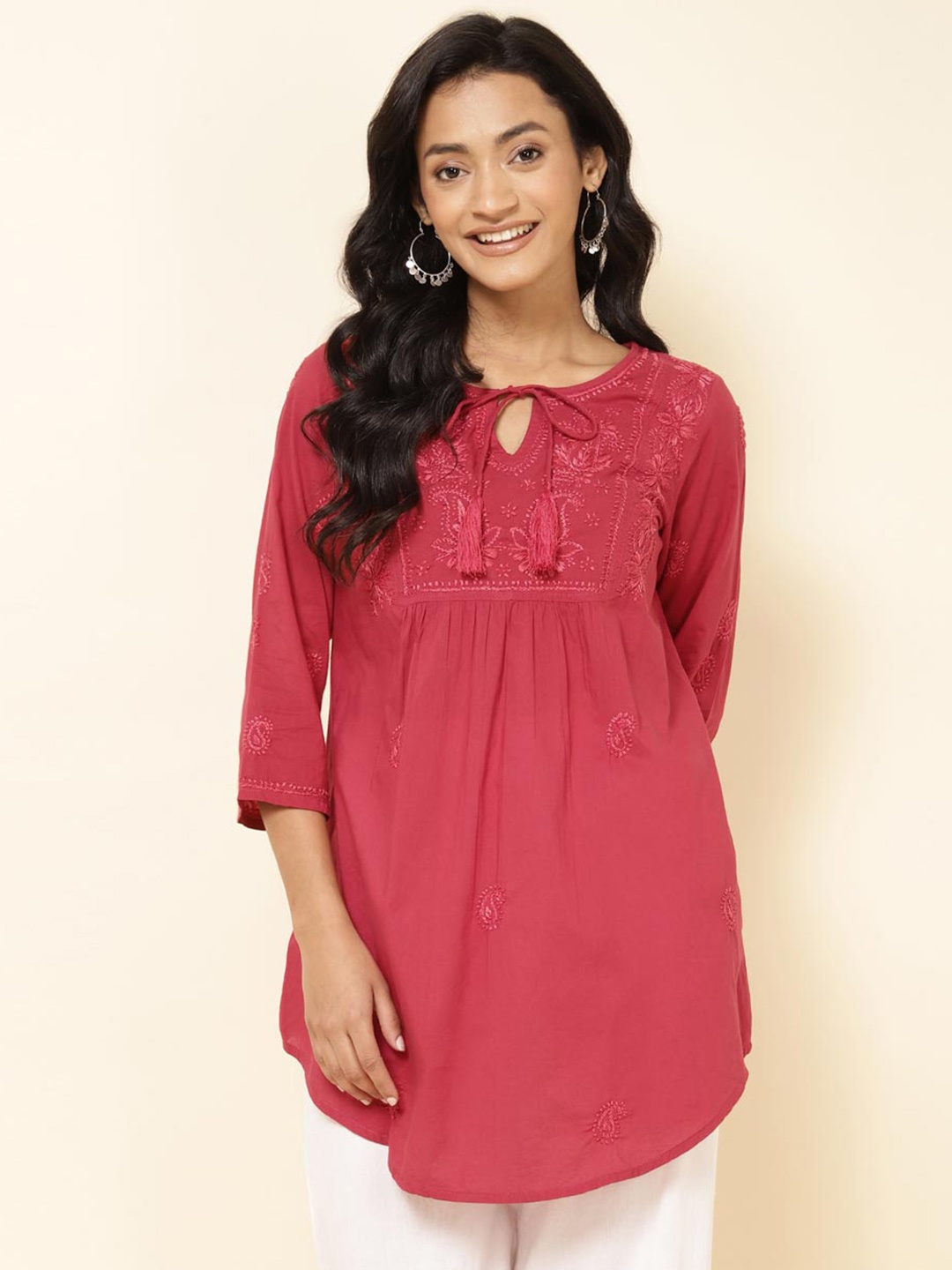 

Fabindia Embroidered Cotton Tunic, Red