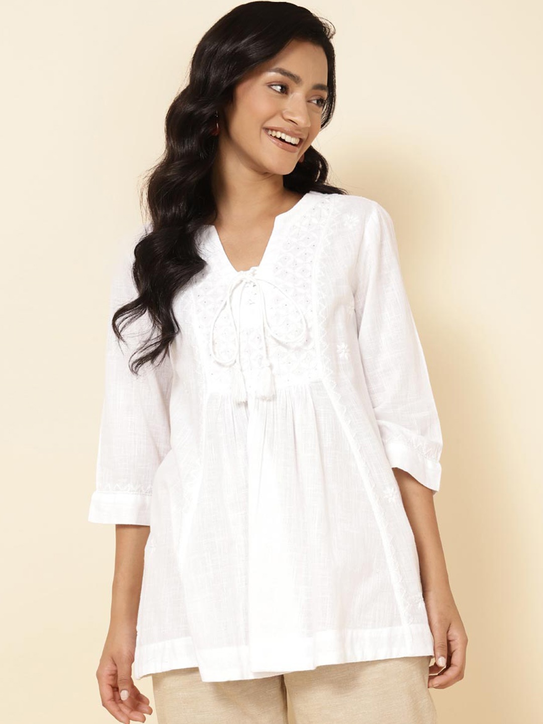 

Fabindia Chikankari Embroidered Cotton A-Line Top, White