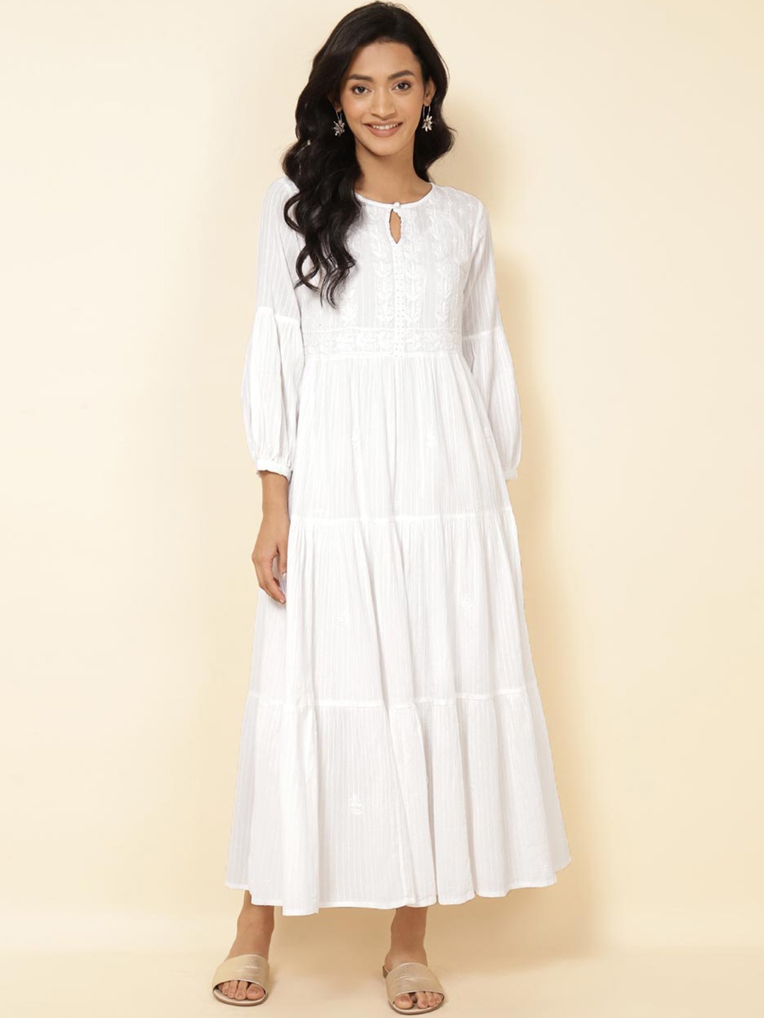 

Fabindia White Bell Sleeve A-Line Maxi Dress