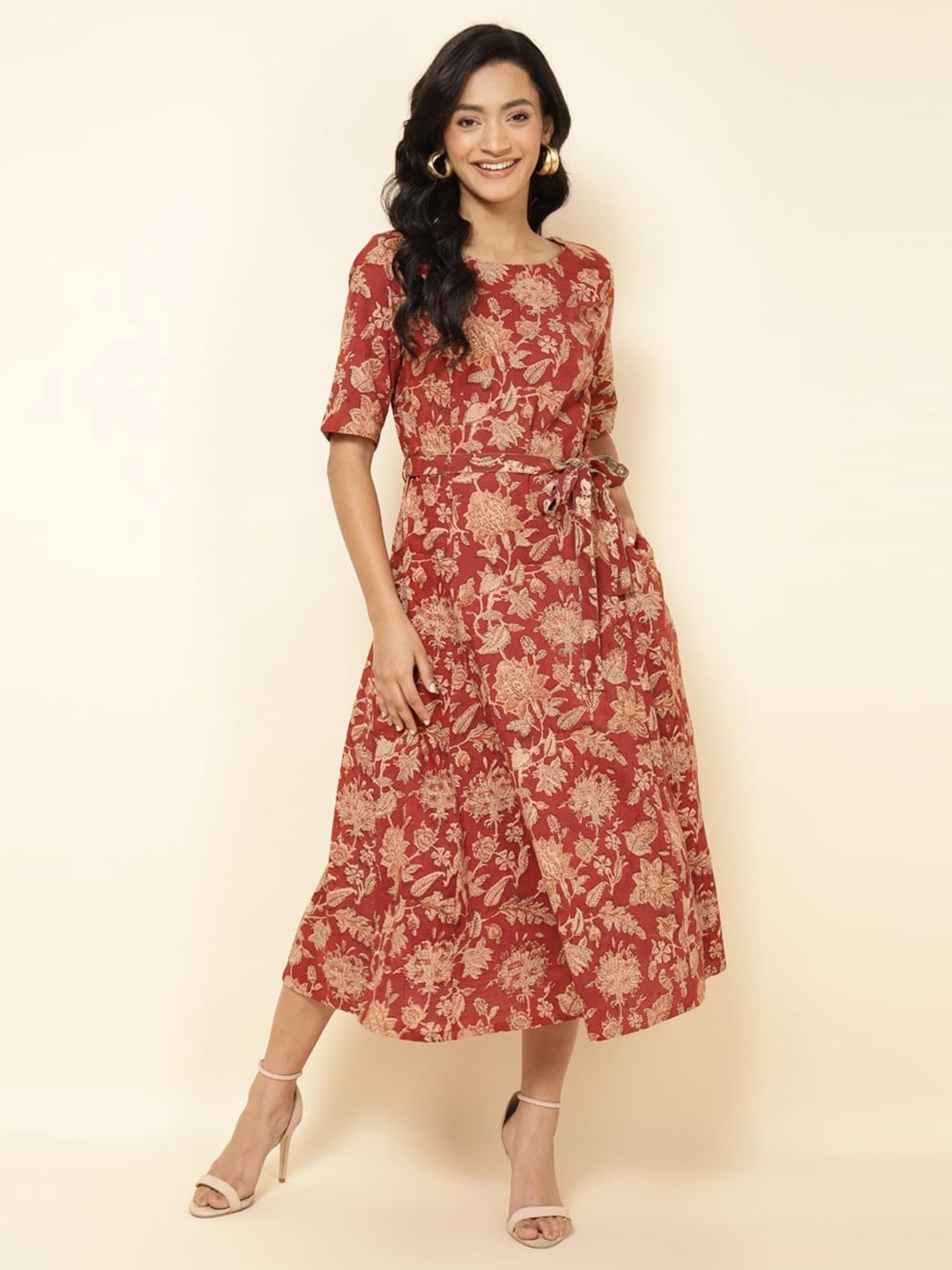 

Fabindia Red Floral Print A-Line Midi Dress